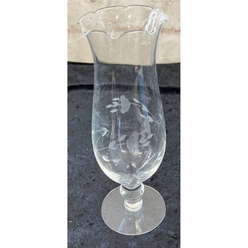 Princess House Floral Etched Glass Vase 10" Scalloped Rim